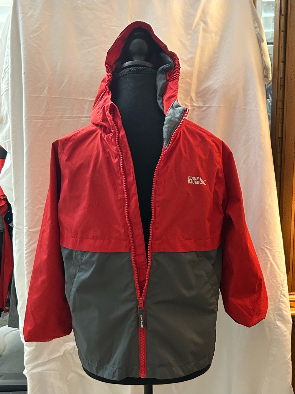 Eddie Bauer Kids Two-Tone Hooded Rain Jacket - Red & Gray